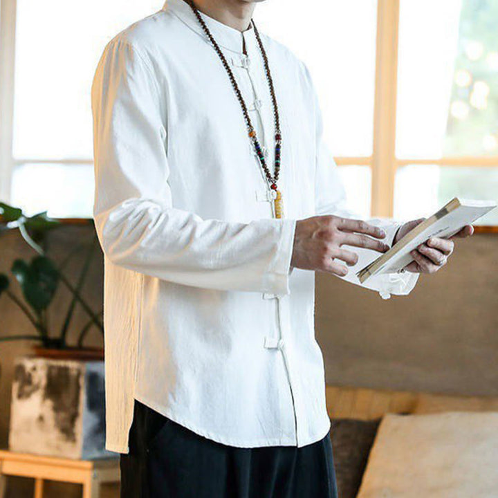 Camicia da uomo in lino con colletto alla coreana e bottoni a forma di rana, manica lunga, stile tang, motivo Buddha Stones - image 5