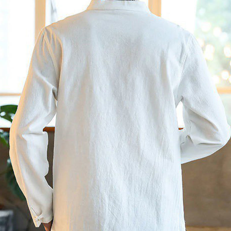 Camicia da uomo in lino con colletto alla coreana e bottoni a forma di rana, manica lunga, stile tang, motivo Buddha Stones