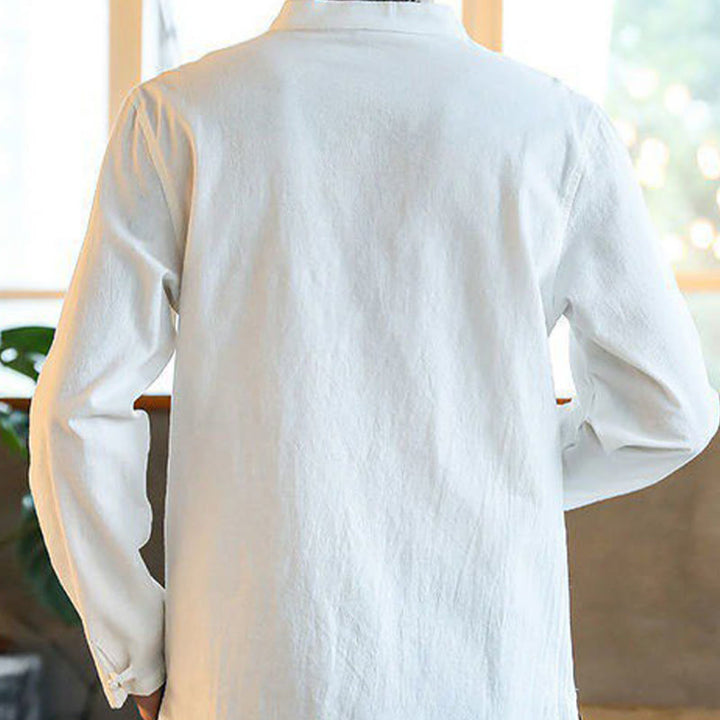 Camicia da uomo in lino con colletto alla coreana e bottoni a forma di rana, manica lunga, stile tang, motivo Buddha Stones