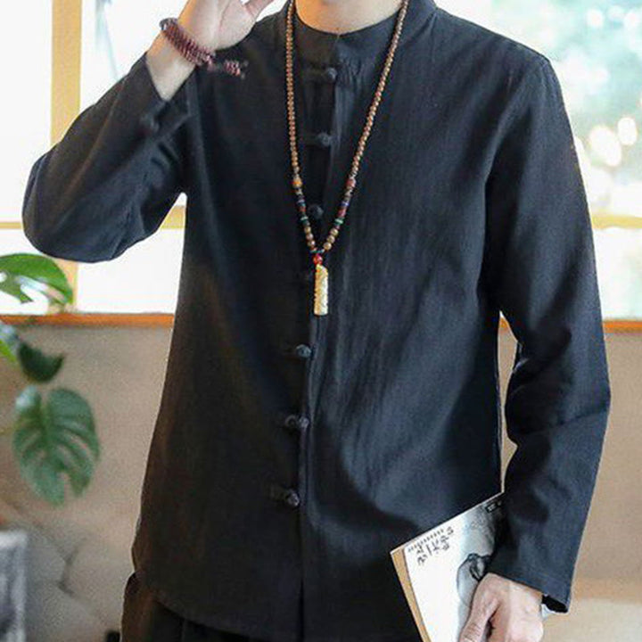 Camicia da uomo in lino con colletto alla coreana e bottoni a forma di rana, manica lunga, stile tang, motivo Buddha Stones