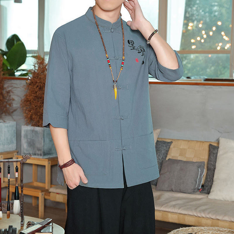 Camicia da uomo in cotone e lino con maniche a tre quarti, con bottoni a rana e Buddha Stones, abito cinese Tang