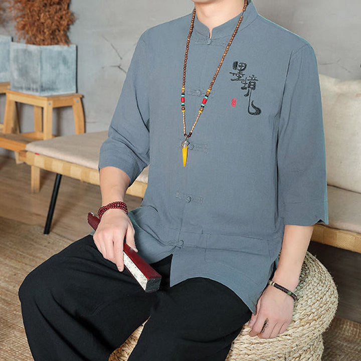 Camicia da uomo in cotone e lino con maniche a tre quarti, con bottoni a rana e Buddha Stones, abito cinese Tang