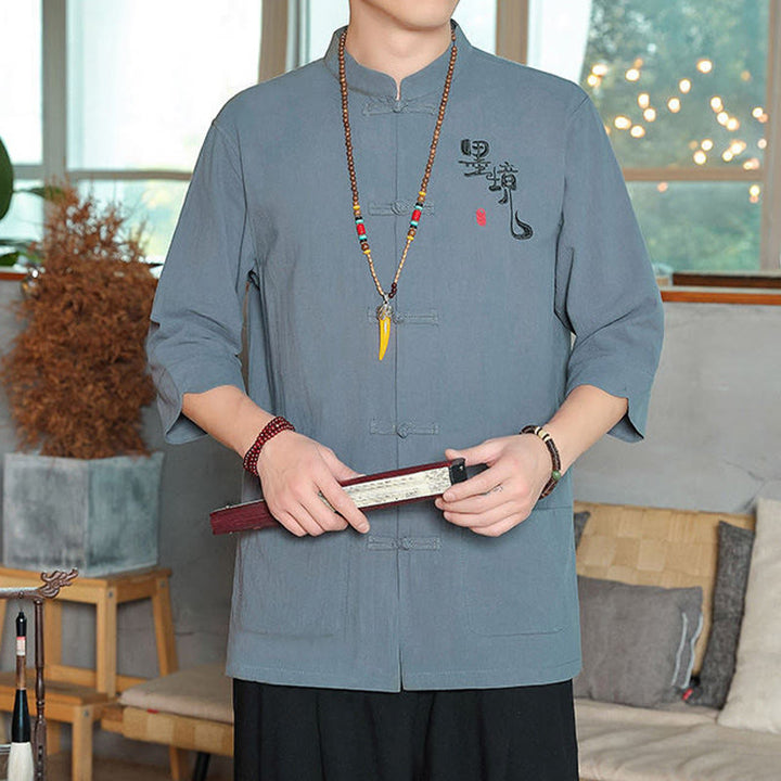Camicia da uomo in cotone e lino con maniche a tre quarti, con bottoni a rana e Buddha Stones, abito cinese Tang