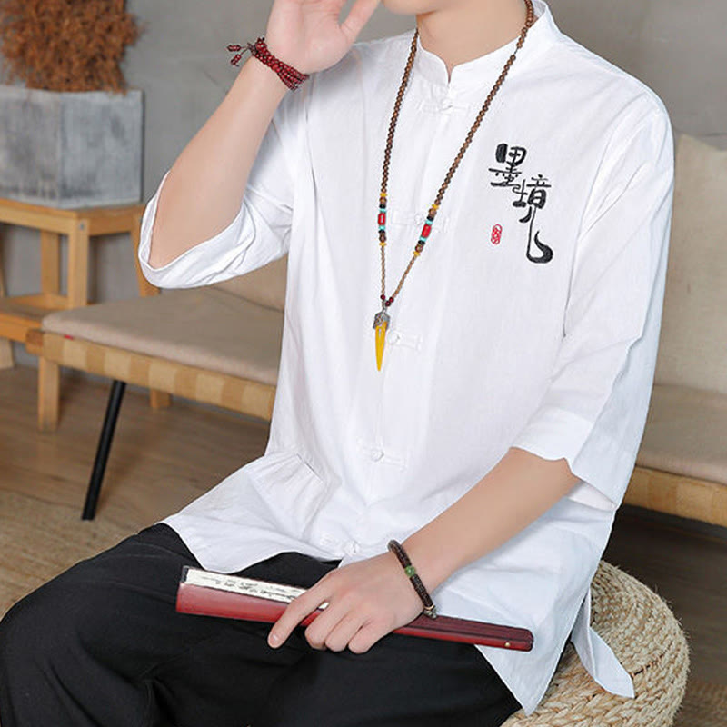 Camicia da uomo in cotone e lino con maniche a tre quarti, con bottoni a rana e Buddha Stones, abito cinese Tang