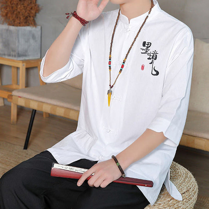 Camicia da uomo in cotone e lino con maniche a tre quarti, con bottoni a rana e Buddha Stones, abito cinese Tang