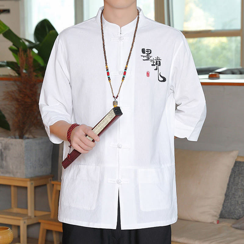 Camicia da uomo in cotone e lino con maniche a tre quarti, con bottoni a rana e Buddha Stones, abito cinese Tang