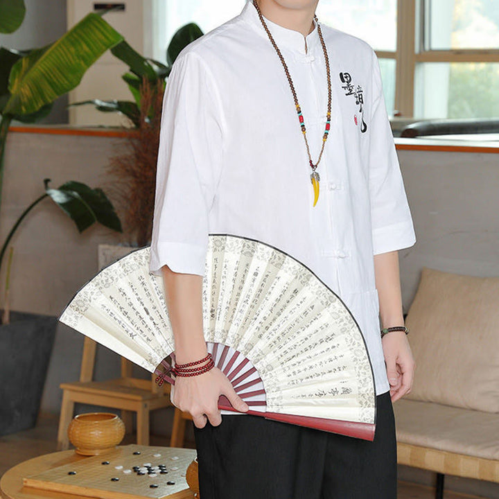 Camicia da uomo in cotone e lino con maniche a tre quarti, con bottoni a rana e Buddha Stones, abito cinese Tang - image 8