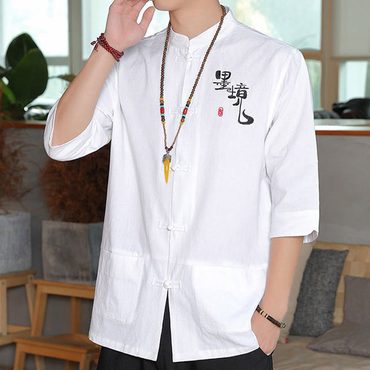 Camicia da uomo in cotone e lino con maniche a tre quarti, con bottoni a rana e Buddha Stones, abito cinese Tang
