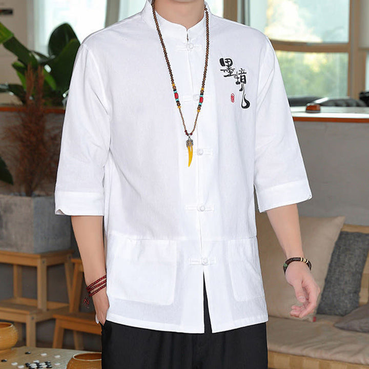 Camicia da uomo in cotone e lino con maniche a tre quarti, con bottoni a rana e Buddha Stones, abito cinese Tang