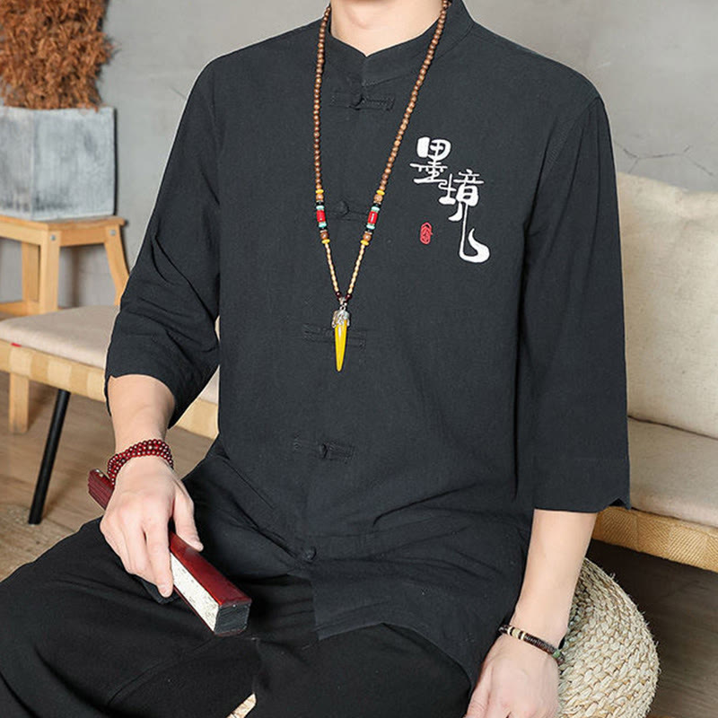 Camicia da uomo in cotone e lino con maniche a tre quarti, con bottoni a rana e Buddha Stones, abito cinese Tang