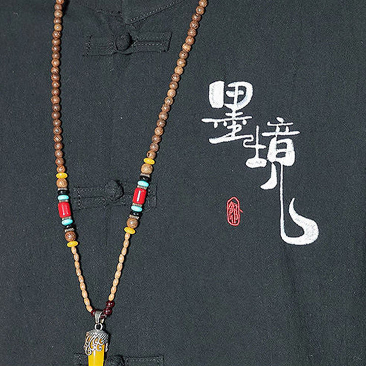 Camicia da uomo in cotone e lino con maniche a tre quarti, con bottoni a rana e Buddha Stones, abito cinese Tang