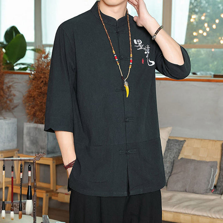 Camicia da uomo in cotone e lino con maniche a tre quarti, con bottoni a rana e Buddha Stones, abito cinese Tang