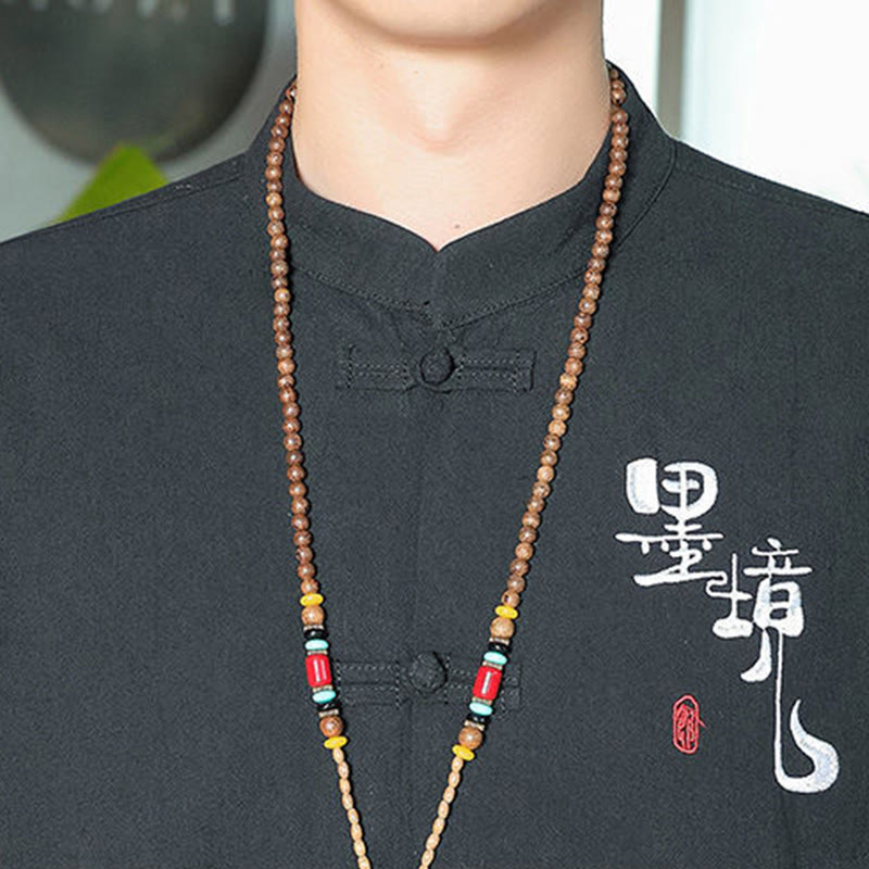 Camicia da uomo in cotone e lino con maniche a tre quarti, con bottoni a rana e Buddha Stones, abito cinese Tang