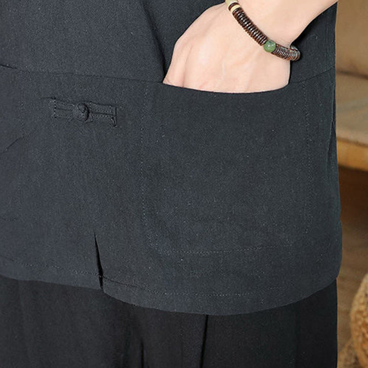 Camicia da uomo in cotone e lino con maniche a tre quarti, con bottoni a rana e Buddha Stones, abito cinese Tang