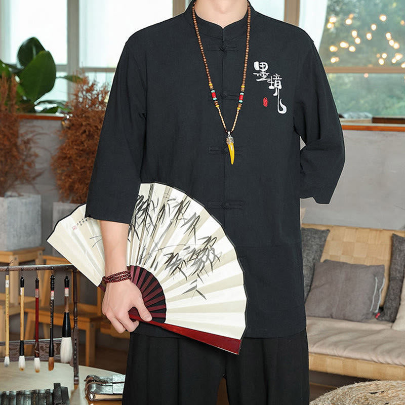 Camicia da uomo in cotone e lino con maniche a tre quarti, con bottoni a rana e Buddha Stones, abito cinese Tang