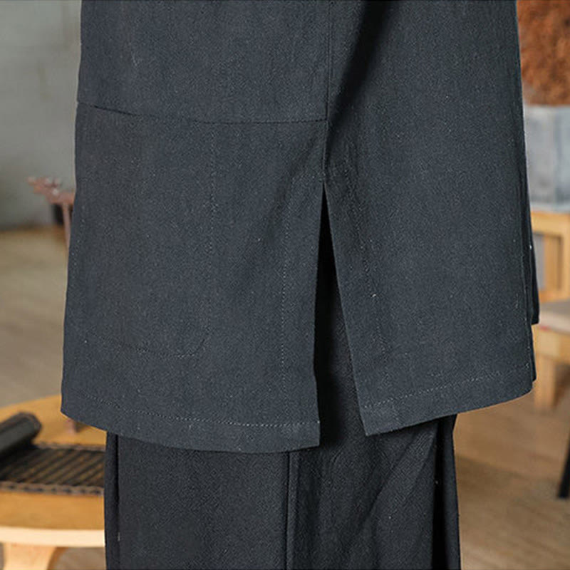 Camicia da uomo in cotone e lino con maniche a tre quarti, con bottoni a rana e Buddha Stones, abito cinese Tang