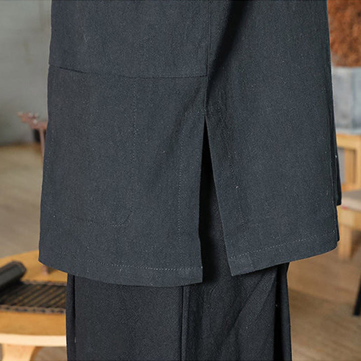 Camicia da uomo in cotone e lino con maniche a tre quarti, con bottoni a rana e Buddha Stones, abito cinese Tang