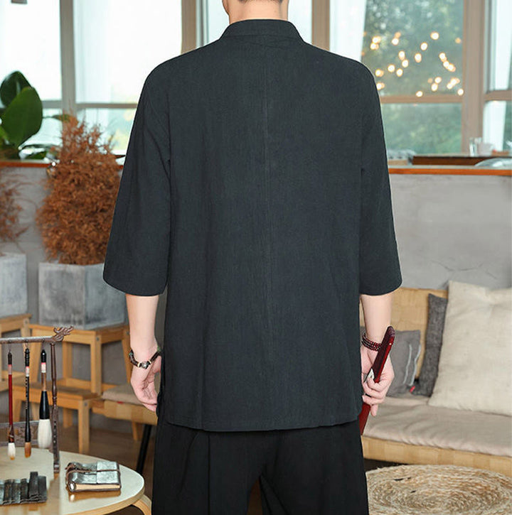 Camicia da uomo in cotone e lino con maniche a tre quarti, con bottoni a rana e Buddha Stones, abito cinese Tang