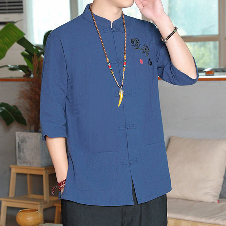 Camicia da uomo in cotone e lino con maniche a tre quarti, con bottoni a rana e Buddha Stones, abito cinese Tang