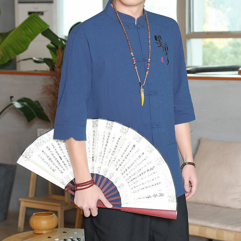 Camicia da uomo in cotone e lino con maniche a tre quarti, con bottoni a rana e Buddha Stones, abito cinese Tang - image 23