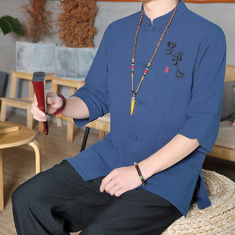 Camicia da uomo in cotone e lino con maniche a tre quarti, con bottoni a rana e Buddha Stones, abito cinese Tang