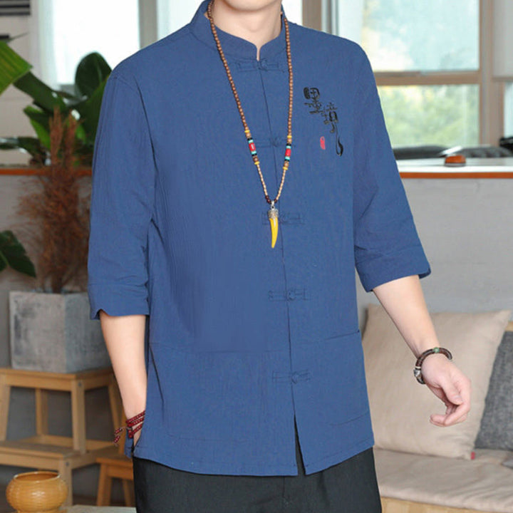 Camicia da uomo in cotone e lino con maniche a tre quarti, con bottoni a rana e Buddha Stones, abito cinese Tang