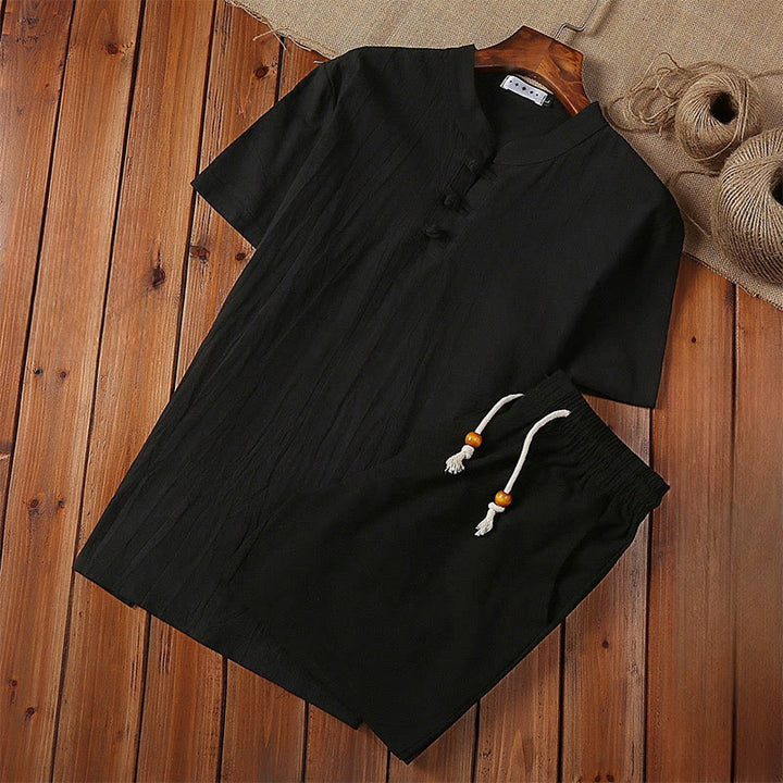 Buddha Stones 2 pezzi tinta unita rana-bottoni Tang Suit cotone lino manica corta pantaloni abbigliamento uomo set - Nero - US/UK/AU46, EU56 (5XL) - image 1