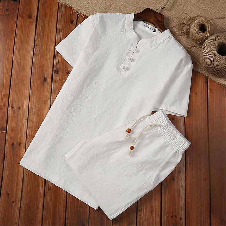 Buddha Stones 2 pezzi tinta unita rana-bottoni Tang Suit cotone lino manica corta pantaloni abbigliamento uomo set - Bianco - US/UK/AU46, EU56 (5XL) - image 0