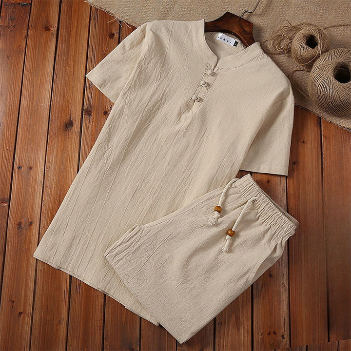 Buddha Stones 2 pezzi tinta unita rana-bottoni Tang Suit cotone lino manica corta pantaloni abbigliamento uomo set - Beige - US/UK/AU46, EU56 (5XL) - image 3