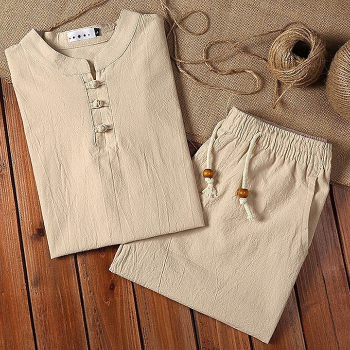 Buddha Stones 2 pezzi tinta unita rana-bottoni Tang Suit cotone lino manica corta pantaloni abbigliamento uomo set - image 4