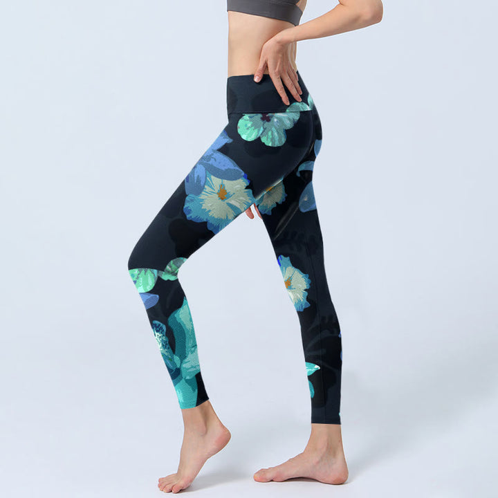 Leggings da yoga da donna con stampa floreale verde e blu Buddha Stones