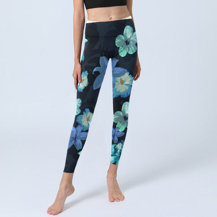 Leggings da yoga da donna con stampa floreale verde e blu Buddha Stones