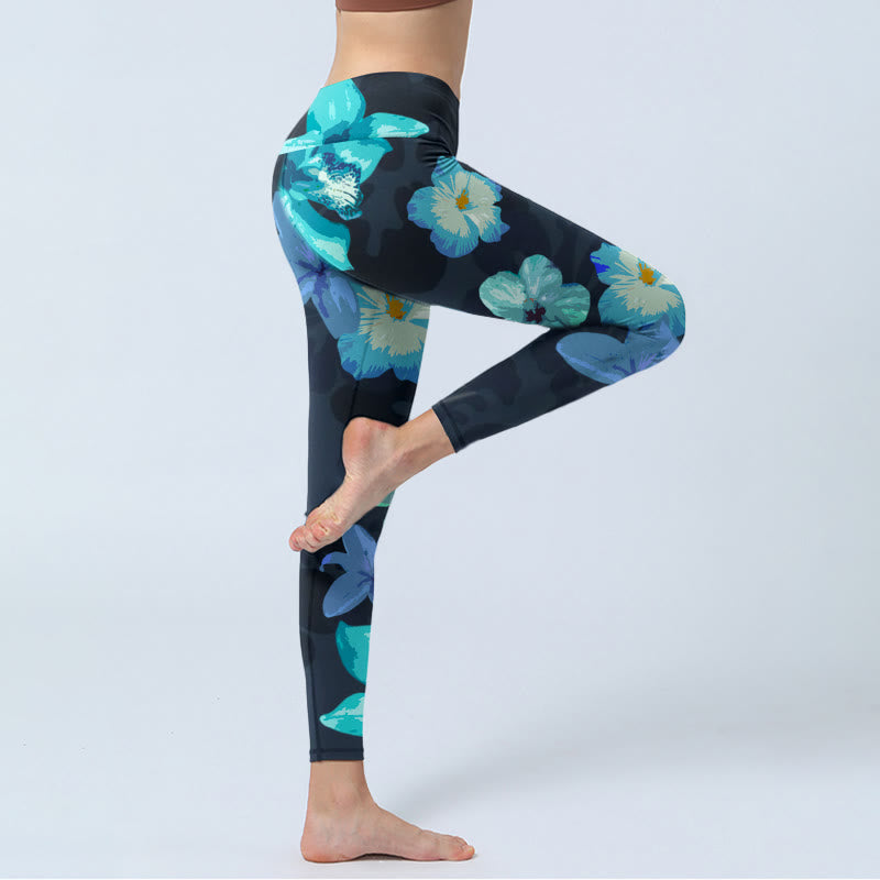 Leggings da yoga da donna con stampa floreale verde e blu Buddha Stones