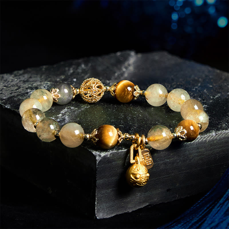 Braccialetto di auspicio Buddha Stones in quarzo rutilato naturale Fu Character Metal che ingoia la bestia
