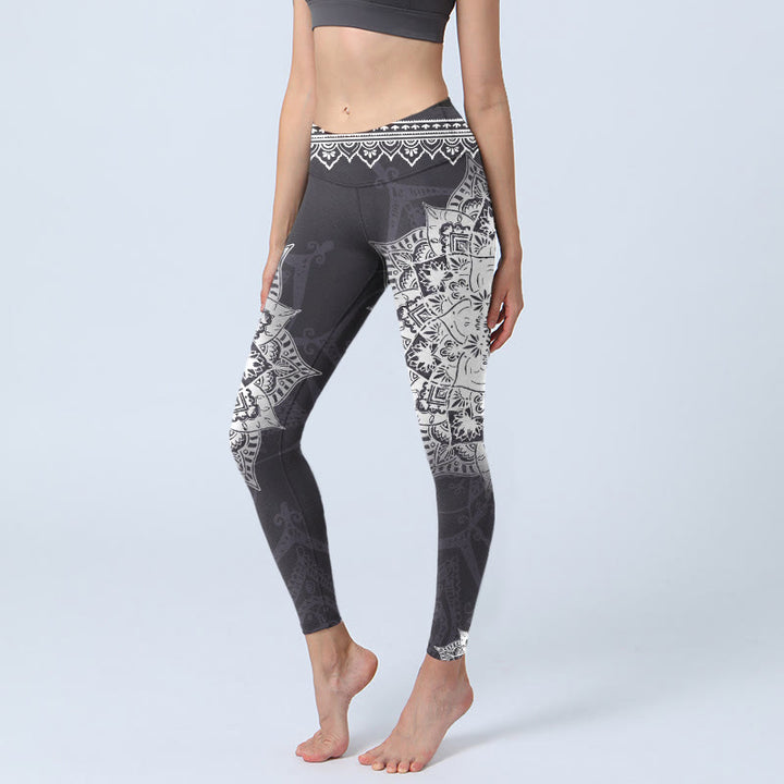 Leggings da yoga da donna con stampa di fiori mandala neri Buddha Stones
