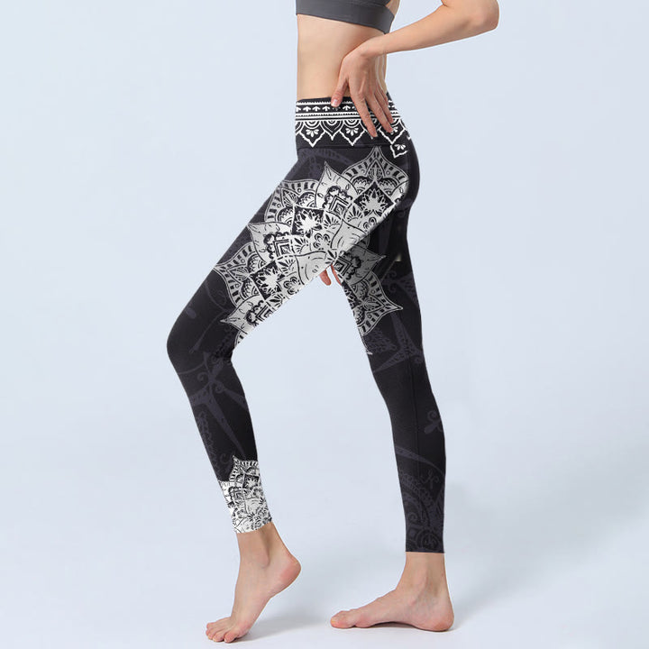 Leggings da yoga da donna con stampa di fiori mandala neri Buddha Stones