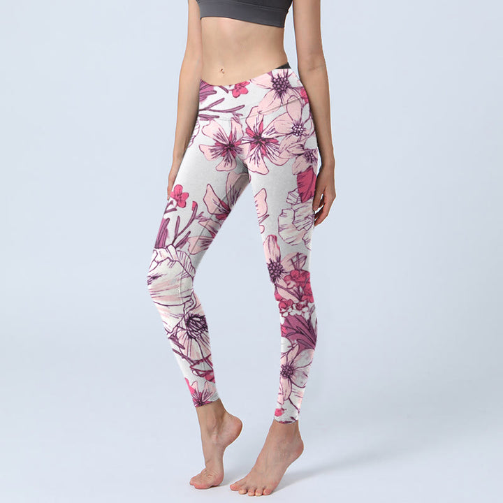 Leggings da yoga da donna con stampa di fiori rossi e rosa Buddha Stones