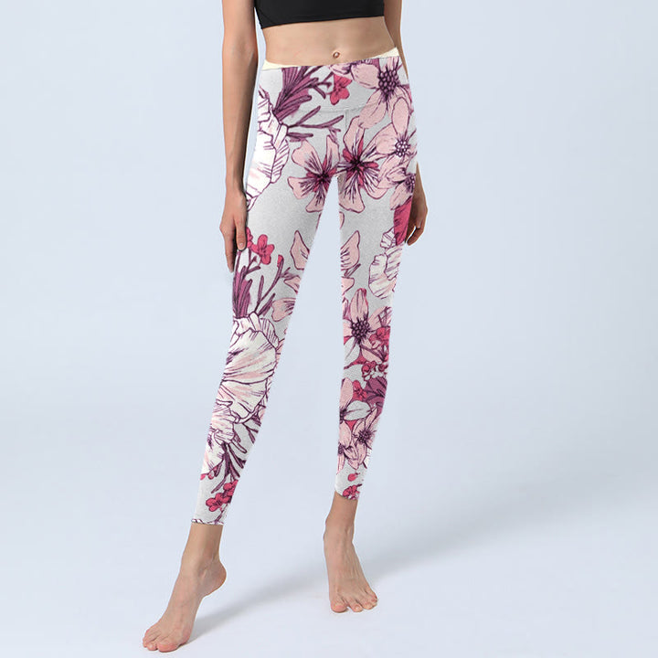 Leggings da yoga da donna con stampa di fiori rossi e rosa Buddha Stones