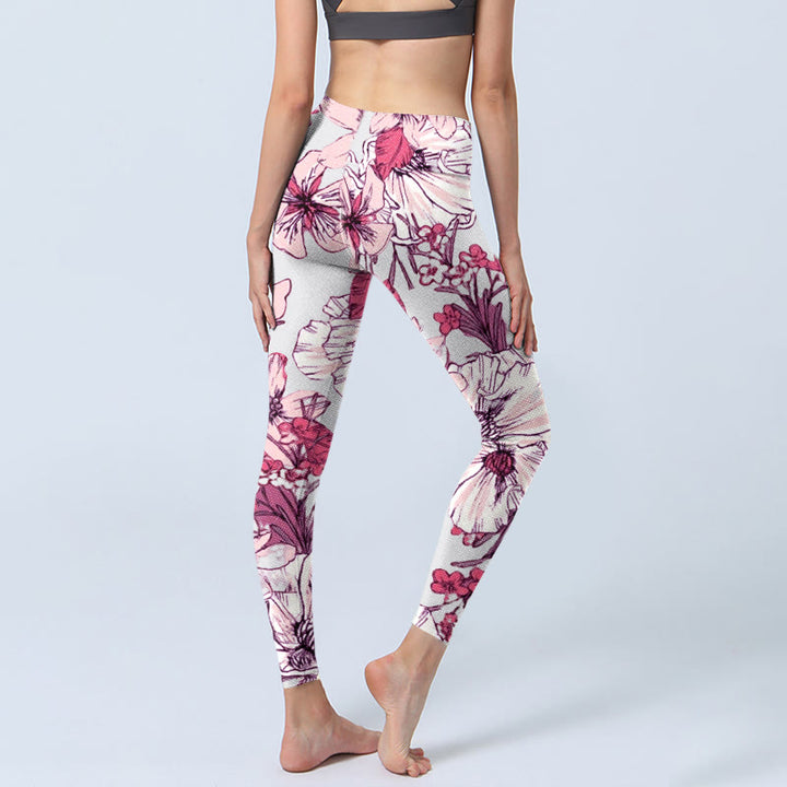 Leggings da yoga da donna con stampa di fiori rossi e rosa Buddha Stones