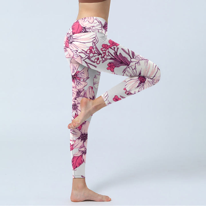 Leggings da yoga da donna con stampa di fiori rossi e rosa Buddha Stones