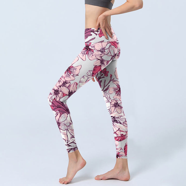 Leggings da yoga da donna con stampa di fiori rossi e rosa Buddha Stones