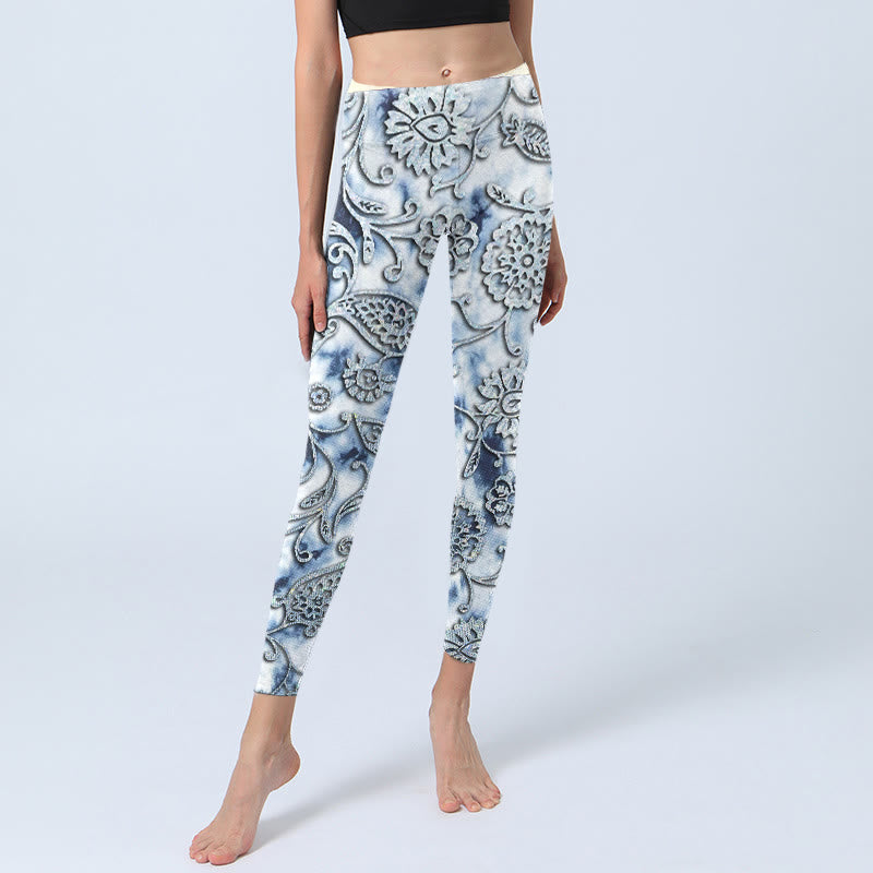 Leggings da yoga da donna con stampa di fiori rotondi bianchi Buddha Stones