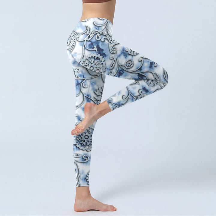 Leggings da yoga da donna con stampa di fiori rotondi bianchi Buddha Stones