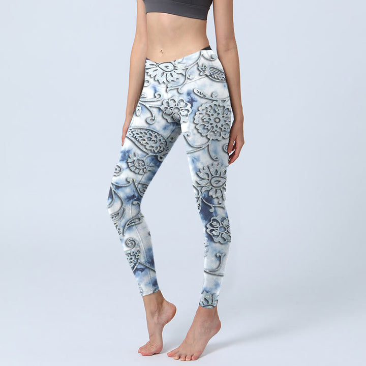 Leggings da yoga da donna con stampa di fiori rotondi bianchi Buddha Stones