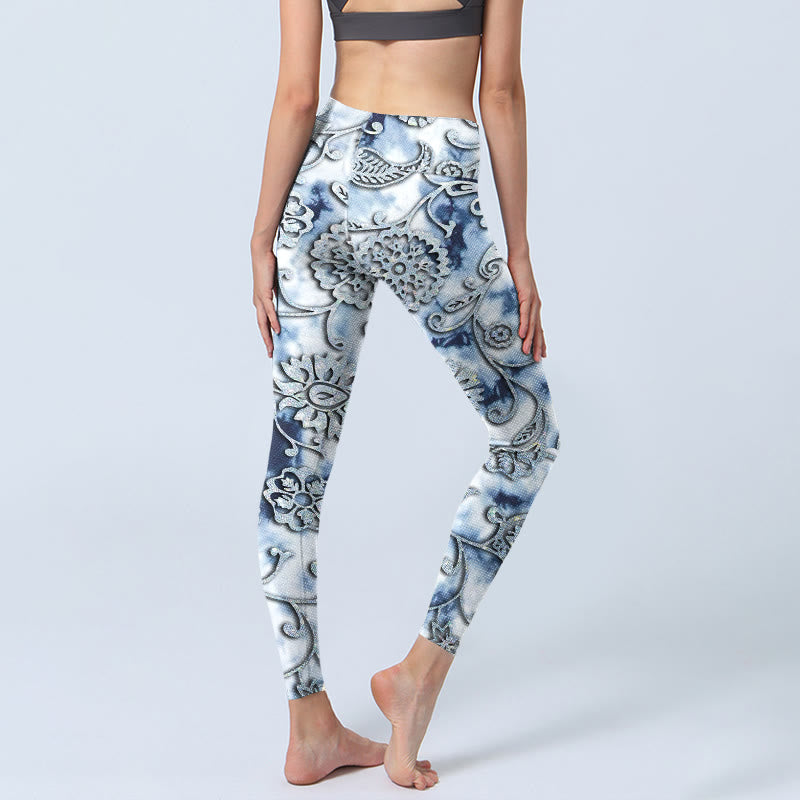 Leggings da yoga da donna con stampa di fiori rotondi bianchi Buddha Stones