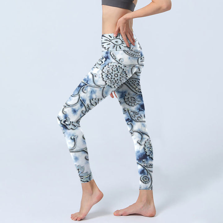 Leggings da yoga da donna con stampa di fiori rotondi bianchi Buddha Stones
