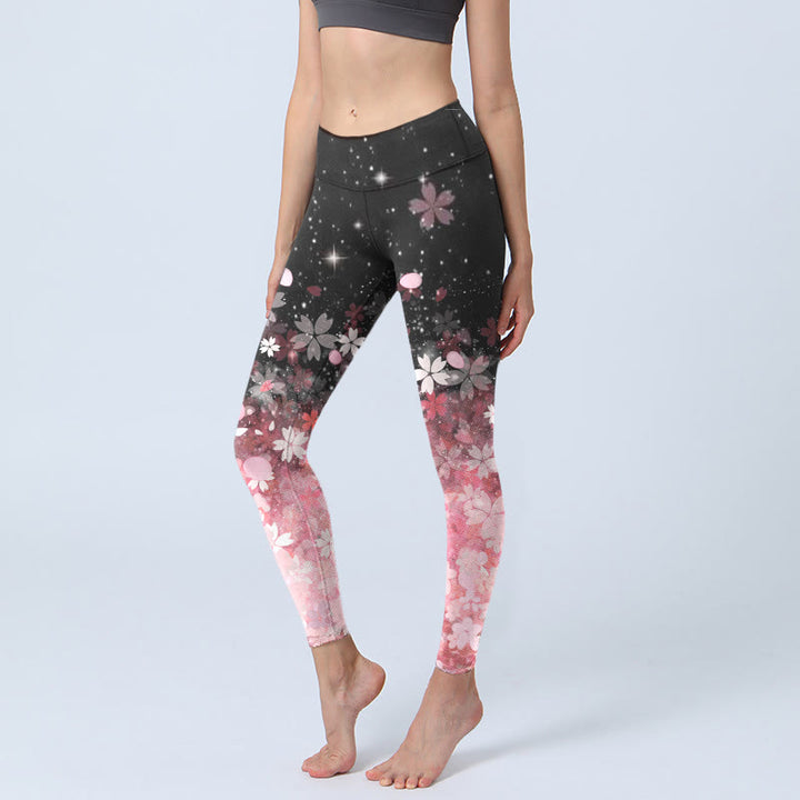 Leggings da yoga da donna con stampa di fiori di ciliegio rosa e Buddha Stones