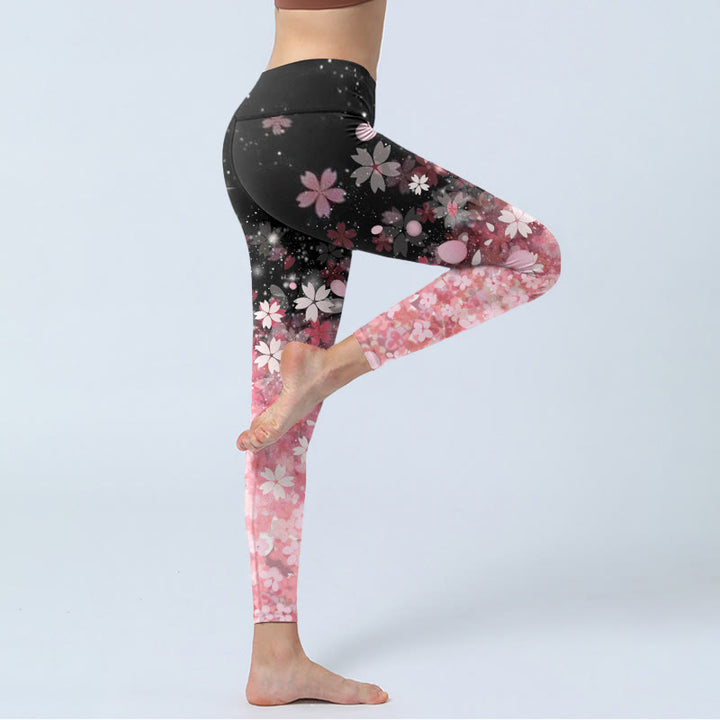 Leggings da yoga da donna con stampa di fiori di ciliegio rosa e Buddha Stones