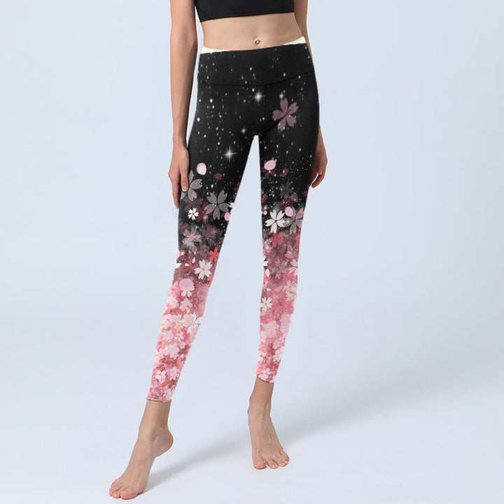 Leggings da yoga da donna con stampa di fiori di ciliegio rosa e Buddha Stones