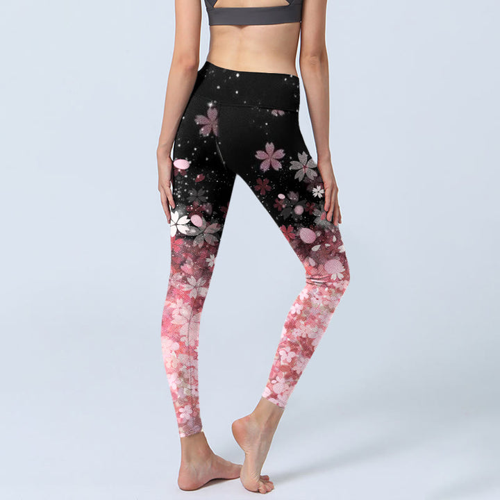 Leggings da yoga da donna con stampa di fiori di ciliegio rosa e Buddha Stones